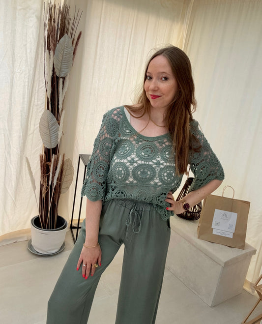 Pull crochet en coton manches 3/4