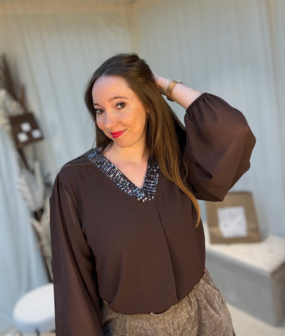Blouse col V sequins