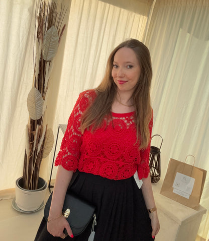 Pull crochet en coton manches 3/4