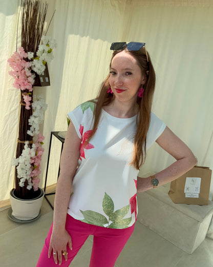T-shirt Femme Blanc à Fleurs Fuchsia & Vertes – Léger et Élégant