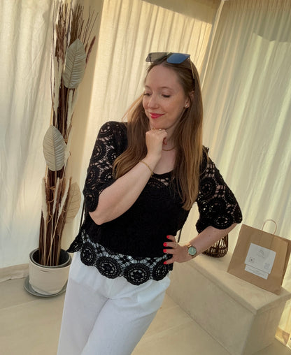 Pull crochet en coton manches 3/4