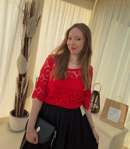 Pull crochet en coton manches 3/4