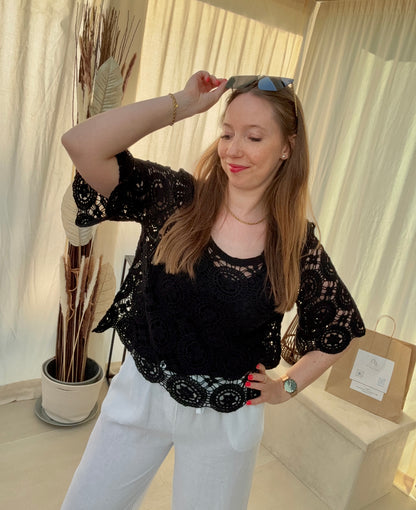 Pull crochet en coton manches 3/4