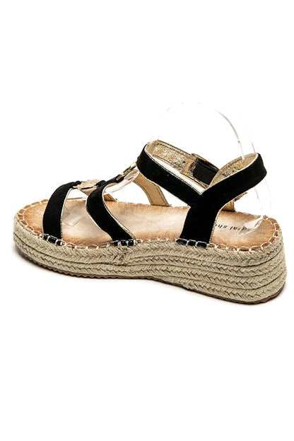 Sandales noires femme – Détail doré chic & léger compensé confortable
