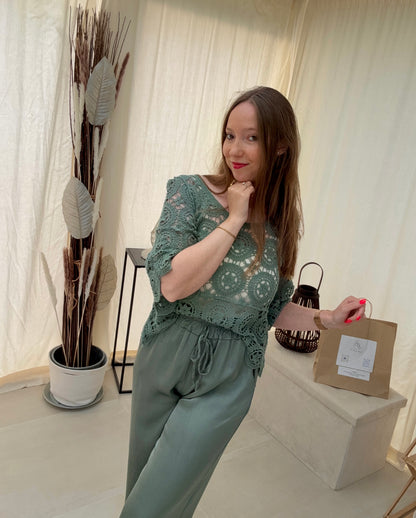 Pull crochet en coton manches 3/4