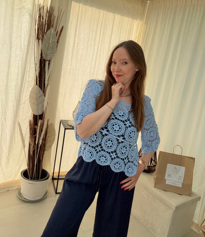 Pull crochet en coton manches 3/4