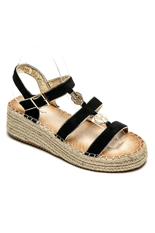 Sandales noires femme – Détail doré chic & léger compensé confortable