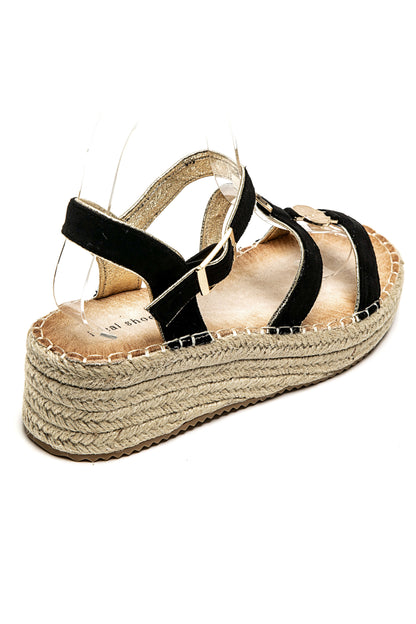 Sandales noires femme – Détail doré chic & léger compensé confortable