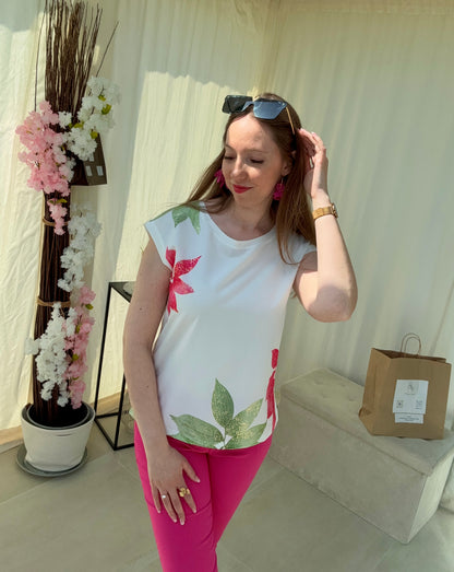 T-shirt Femme Blanc à Fleurs Fuchsia & Vertes – Léger et Élégant