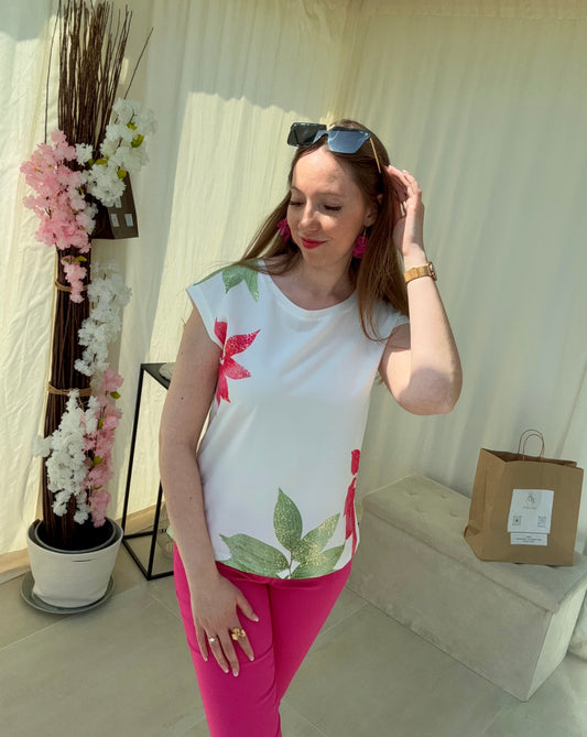 T-shirt Femme Blanc à Fleurs Fuchsia & Vertes – Léger et Élégant