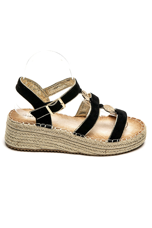 Sandales noires femme – Détail doré chic & léger compensé confortable